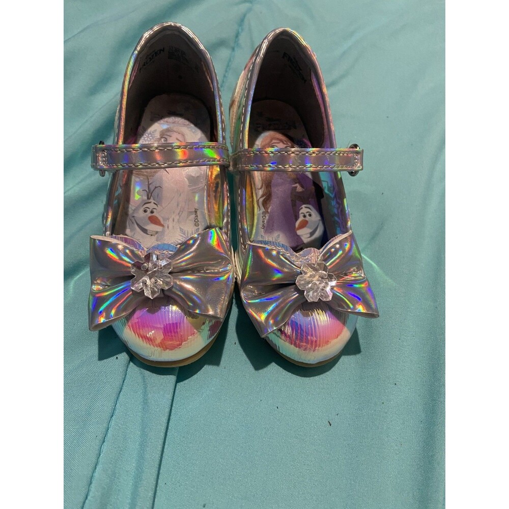 Disney Frozen Girls Silver Iridescent Mary Jane Flats Bow Glitter Low Heel US 7